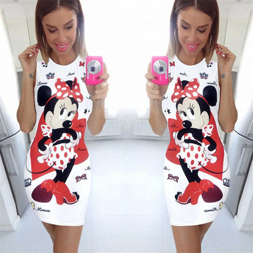 2016 Vestidos Plus Size Sexy Pencil Knee-Length Dress Brief Sleeveless O-neck Animal Mouse Carton Print Women Dresses 71559