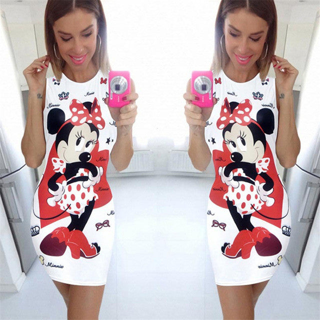 2016 Vestidos Plus Size Sexy Pencil Knee-Length Dress Brief Sleeveless O-neck Animal Mouse Carton Print Women Dresses 71559