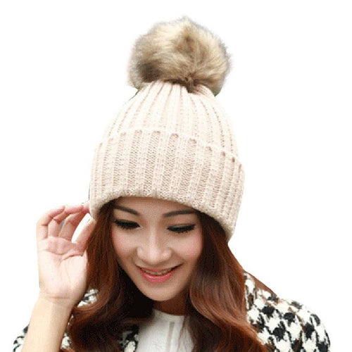 2016 Winter Skullies Beanies Women Knitted Faux Fur Pompom Cap Solid Crochet Hats Female Fashion Chapeu Feminino 12 Colors