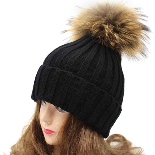 2016 Winter Warm Women Crochet Hat With Raccoon Fur Pompons Knitting Wool Beanies Women Warm Caps Gorros Bonnet Femme