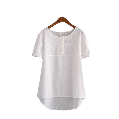 2016 Women Cotton Linen Blouse Short Sleeve O-neck Floral Print Shirt Plus Size Short Front Back Long Top S-XL 70694