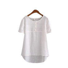 2016 Women Cotton Linen Blouse Short Sleeve O-neck Floral Print Shirt Plus Size Short Front Back Long Top S-XL 70694