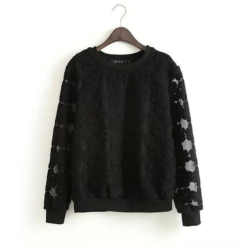 2016 Women New Autumn Winter Hoody O-neck Full Sleeve Coat Lace Hollow Out Pollover Hoodies Sweatshirts 71712