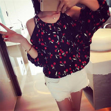 2016 Women New Chiffon Plus Size Tops Full O-neck Cheery Batwing Sleeve Blouse Off Shoulder Floral Shirt 70471