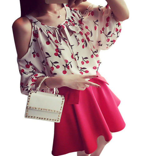 2016 Women New Chiffon Plus Size Tops Full O-neck Cheery Batwing Sleeve Blouse Off Shoulder Floral Shirt 70471