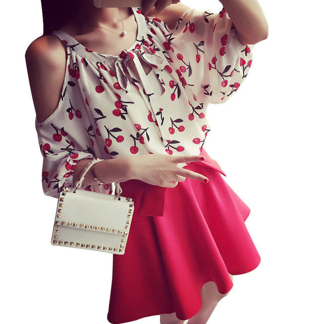 2016 Women New Chiffon Plus Size Tops Full O-neck Cheery Batwing Sleeve Blouse Off Shoulder Floral Shirt 70471