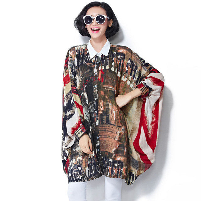 2016 Women New Fashion Blouse Full Batwing Sleeve Button Turn-down Collar Shirt Plus Size Chiffon Top Print Blusas 70696