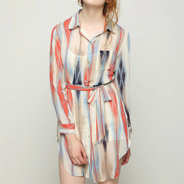 2016 Women New Fashion Blouse Full Sleeve Button Turn-down Collar Shirt Plus Size Chiffon Top Print Blusas With Pocket 72097