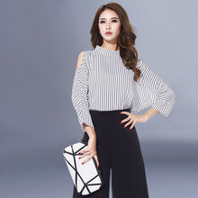 2016 Women New Fashion Blouse Full Sleeve Stand Shirt Plus Size Top M-XL Stripped Blusas 70697