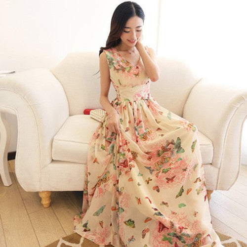2016 Women Party Dresses Fashion Butterfly Floral Print V Neck Sleeveless Bohemian Dress Elegant Slim Vestidos Plus Size 71230