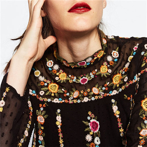 2016 Women Summer Embroidery T Shirt Fashion Woman Tribe Fashion Tops O-Neck Full Sleeve Chiffon t-shirt 72033