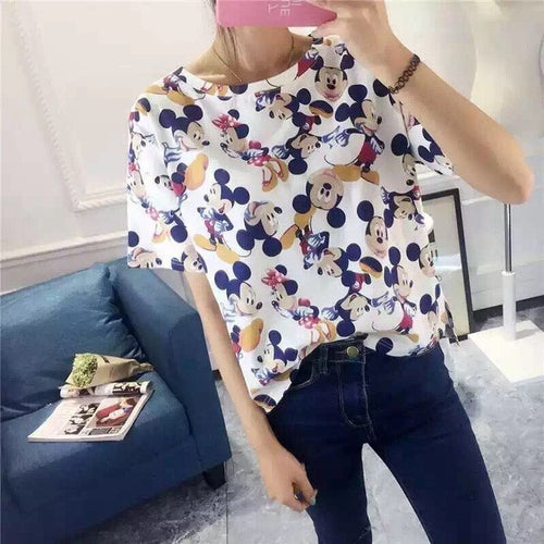2016 Women Summer Print T Shirt Casual Animal Print Woman Mouse Print Tops O-Neck Short Sleeve t-shirt 71438