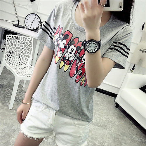 2016 Women Summer Print T Shirt Fashion Animal Print Striped Woman Mouse Print Tops O-Neck Short Sleeve t-shirt 71433