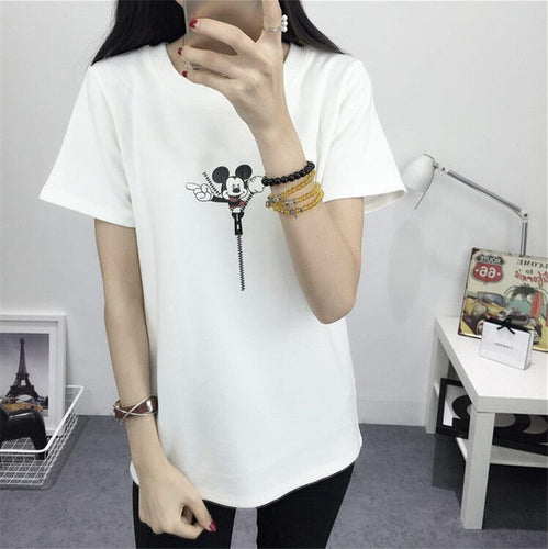 2016 Women Summer Print T Shirt Fashion Animal Print Woman Mouse Print Tops O-Neck Short Sleeve t-shirt 71441