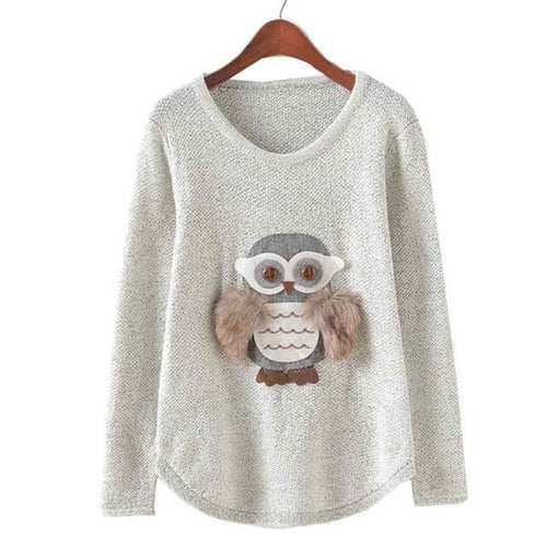 2016 Women Sweaters Owl Pattern Autumn Winter Fashion Loose Grey O Neck Long Sleeve Knittwear Pullovers Clothing Pull femme #WY