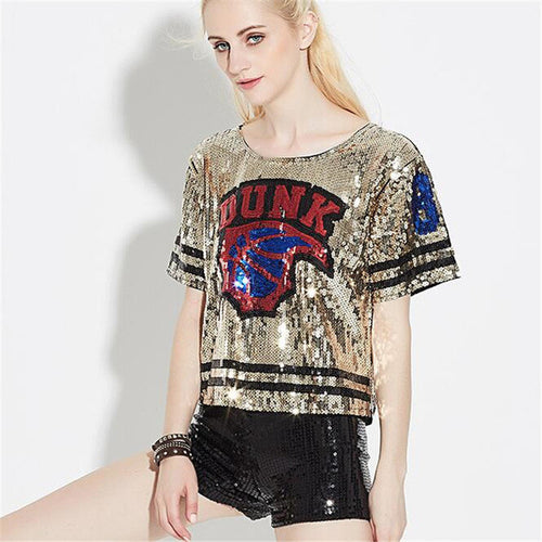 2016 Women T shirts Letter Print t-shirt Woman O-neck Crop Top Short Sleeve Sequined Bling Short Female Plus Size t shirt 72132