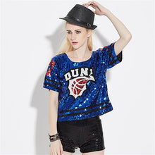 2016 Women T shirts Letter Print t-shirt Woman O-neck Crop Top Short Sleeve Sequined Bling Short Female Plus Size t shirt 72132