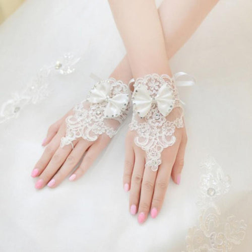 2016 fashion Women Gloves luxury Rhinestone Lace For Brides Floral Bowknot Fingerless Short Gloves guanti donna