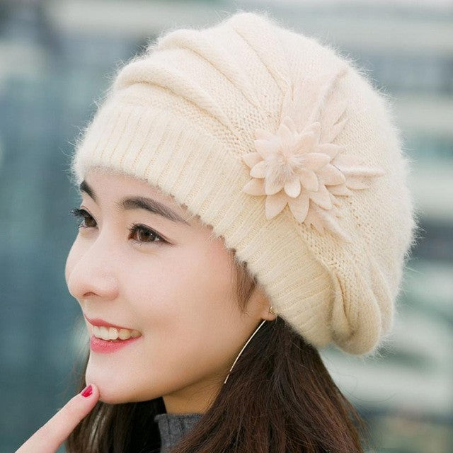 2016 winter Warm Hat For Women Knitted Wool Floral Gorros Skullies & Beanies Elegant Hats Female Ladies Bonnet Enfant