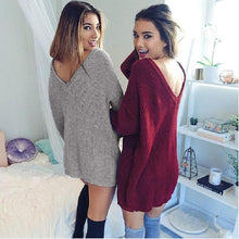 2016 women's Autumn Spring Long knitted Sweaters Back V Neck Solid Casual Loose sweaters And Pollovers Sexy Pull Femme