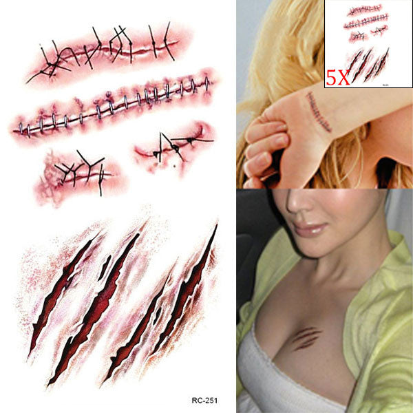 2017 5pcs Halloween Wound Scar Tattoo Waterproof Temporary Sticker Terror Realistic Blood Injury Fake Tattoo Stickers 88