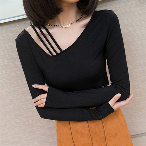 2017 Autumn New Fashion Female Full Sleeve Bondage T-shirts Plus Size t shirts O-neck Women Black Top 72204