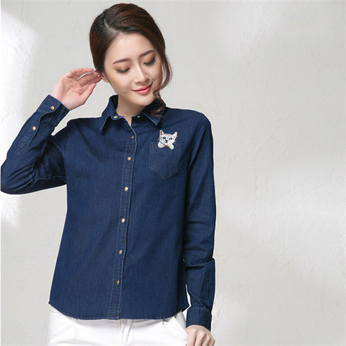 2017 Autumn New Shirt Fashion Casual Female Long Sleeve Turn-down Collar Women Denim Cat Embroidery Blouse With Button 71865