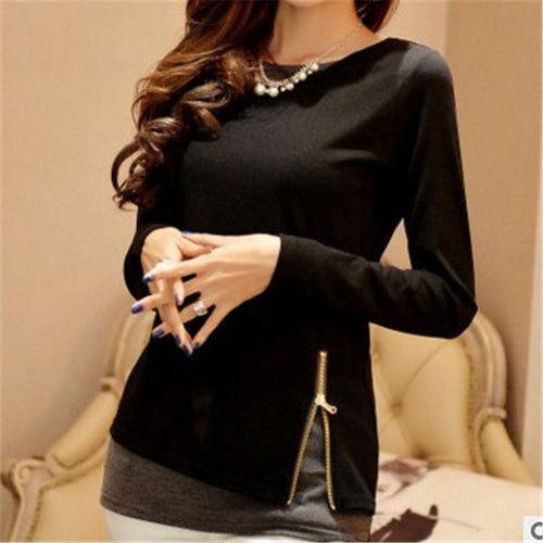 2017 Autumn Side Zipper New Fashion Full Sleeve T-shirts Plus Size Female False Two t shirts Top O-neck Women Top 72200