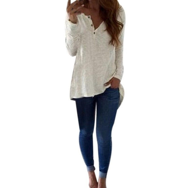 2017 Autumn Spring White Button T-shirts Women O Neck Long Sleeved Women Casual T shirt Tees Tops Female Poleras De Mujer #1207
