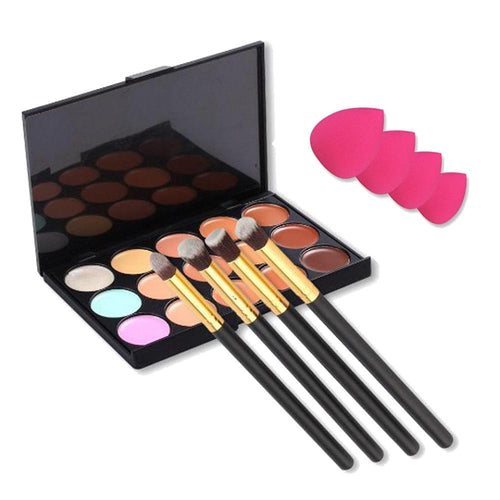 2017 Beauty 15 Colors Contour Concealer Palette+4PCS Powder Foundation Makeup brushes+4PCS Makeup sponge Blending Cosmetic brush