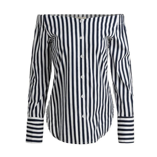 2017 Black And White Stripe Women's Blouses Off The Shoulder Blouse Slash Neck Long Sleeve Women Shirts Tops camisetas mujer #23