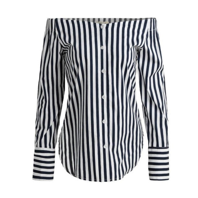 2017 Black And White Stripe Women's Blouses Off The Shoulder Blouse Slash Neck Long Sleeve Women Shirts Tops camisetas mujer #23