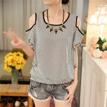 2017 Blusas femininas Casual Women Chiffon Blouses Short Butterfly Sleeve Off Shoulder Tops Autumn O-neck Striped Shirts 71805