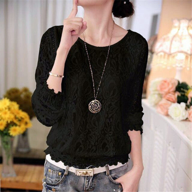 2017 Blusas femininas Casual Women Hollow Out Blouses Long Sleeve Tops Autumn Stand Lace Print Shirts 71768