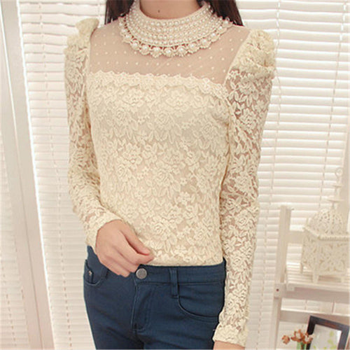2017 Blusas femininas Casual Women Hollow Out Blouses Long Sleeve Tops Autumn Vintage Bow Lace Thick Print Shirts 71765