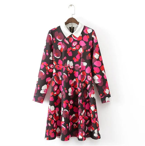 2017 Brand Floral Print Vestidos Plus Size Sexy A-line Knee-Length Dress Brief Full Sleeve Peter Pan Collar Women Dresses 72099
