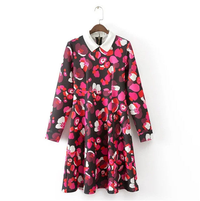 2017 Brand Floral Print Vestidos Plus Size Sexy A-line Knee-Length Dress Brief Full Sleeve Peter Pan Collar Women Dresses 72099