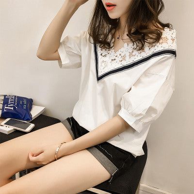 2017 Casual Women Korean Style T shirts V-neck Chiffon t shirt Female Short Sleeve Female Hollow out Tops 72467