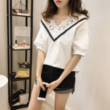2017 Casual Women Korean Style T shirts V-neck Chiffon t shirt Female Short Sleeve Female Hollow out Tops 72467