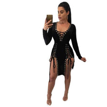 2017 Club Wear Dresses Womens Sexy Full Bandage Lacing Up Hollow Out Deep v Neck Irregular Ladies Dress vestidos &02