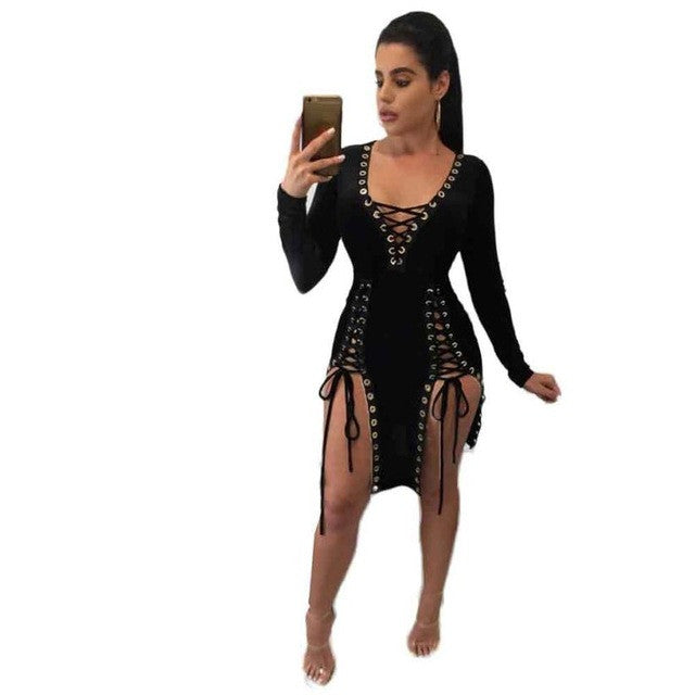 2017 Club Wear Dresses Womens Sexy Full Bandage Lacing Up Hollow Out Deep v Neck Irregular Ladies Dress vestidos &02