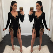 2017 Club Wear Dresses Womens Sexy Full Bandage Lacing Up Hollow Out Deep v Neck Irregular Ladies Dress vestidos &02