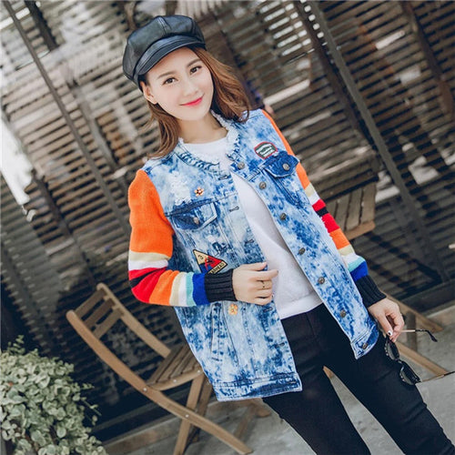 2017 Fashion Autumn Sequins Embroidery Outwear Full Sleeve O-neck Hole Coat Print Jacket Plus Size Denim Knitting Jacket 71944
