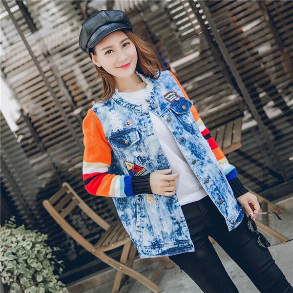 2017 Fashion Autumn Sequins Embroidery Outwear Full Sleeve O-neck Hole Coat Print Jacket Plus Size Denim Knitting Jacket 71944