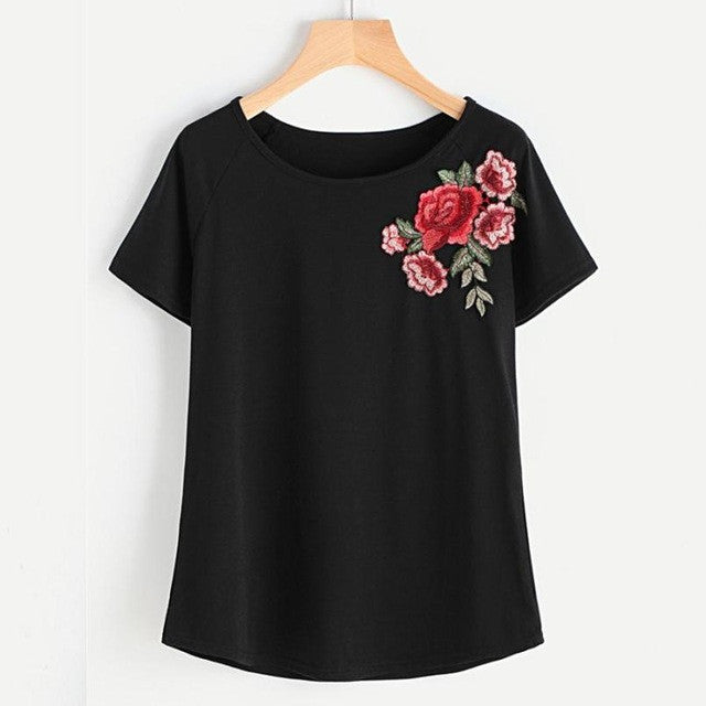 2017 Fashion Black Short Sleeve T shirt Women Summer Tops Casual Embroidered Floral O-neck harajuku Vogue tshirt Women #421