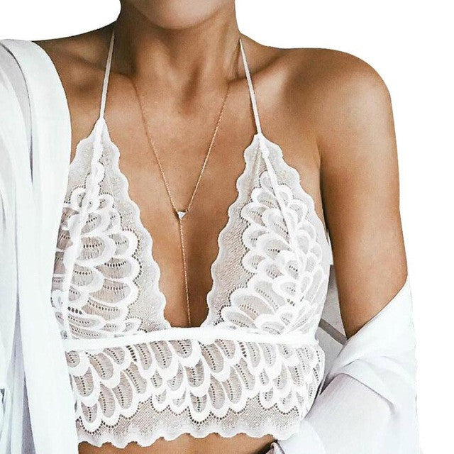 2017 Fashion Black White Lace Crop Top Deep V Neck Halter Translucent Underwear Sheer Lace Strap Bustier Tops Cropped #1207