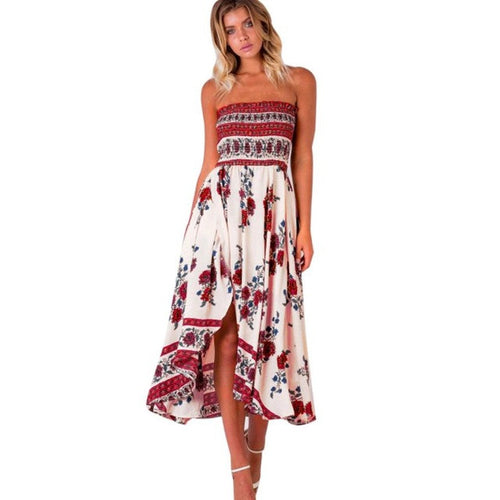 2017 Fashion Bohemian Elegant Dress Women Summer Floral Print Strapless Beach Dresses European Style Sexy Vestidos mujer #63