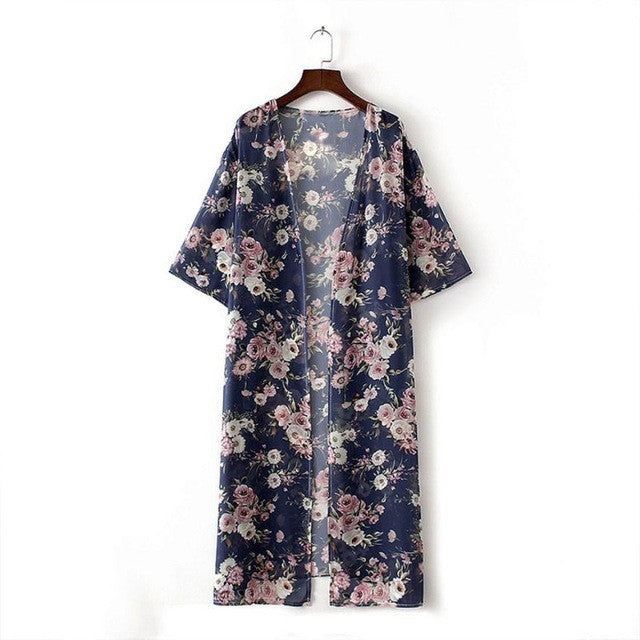 2017 Fashion Chiffon Floral Printed Blouse Women Kimono Cardigan Long Style Half Sleeve Shawl Tops Women blusas femininas #43