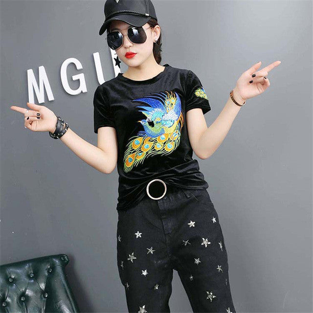 2017 Fashion Female t shirts Short Sleeve T-shirts Plus Size Embroidery Animal tshirt Sequined O-neck Women Tops 72456