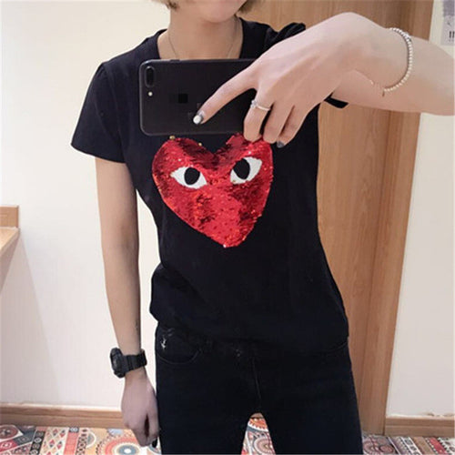 2017 Fashion Female t shirts Short Sleeve T-shirts Plus Size Eye Embroidery Heart Sequined tshirt O-neck Women Tops 72527